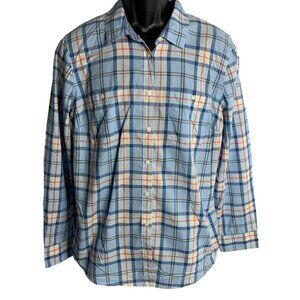 St Johns Bay Button Up Plaid Shirt XL Blue Long Sleeve Chest Pockets Collared
